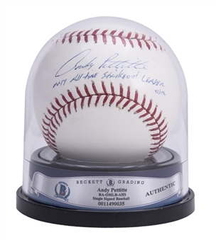 Andy Pettite Signed & Inscribed "NYY All Time Strikeout Leader" Limited Edition MLB Baseball (#43/146) - Beckett, PSA/DNA, Steiner